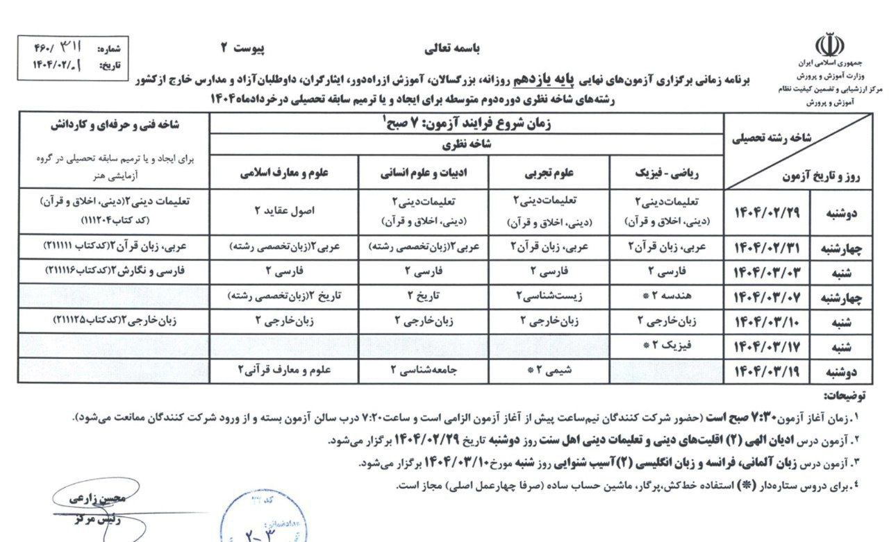 برنامه امتحانات آزمون یازدهم