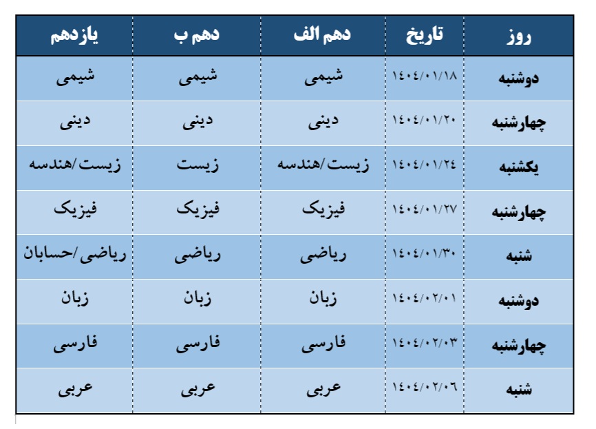 شروع برنامه امتحانات دبیرستان دخترانه وارسته پس از تعطیلات نوروز